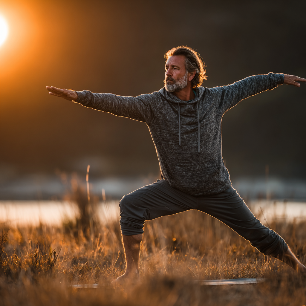 Mature man in his late 40s performing yoga warrior pose outdoors during golden hour, focused and balanced, wearing comfortable workout clothes in natural outdoor setting